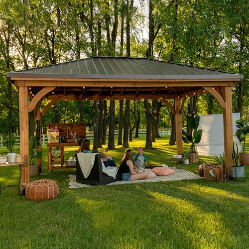 Backyard Discovery Barrington 16 ft. x 12 ft. Hip Roof Cedar Wood Gazebo Pavilion, Shade, Rain, Hard Top Steel Metal Roof, All Weather Protected, Wind Resistant up to 100 mph, Holds up to 7800 lbs Backyard Discovery