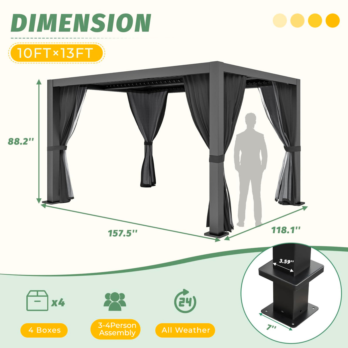 LVUYOYO 10' x 13' Outdoor Louvered Pergola, Metal Aluminum Pergola with Adjustable Roof, Waterproof Gazebo with Curtains and Netting for Patio, Backyard, Garden, Deck (Black) LVUYOYO