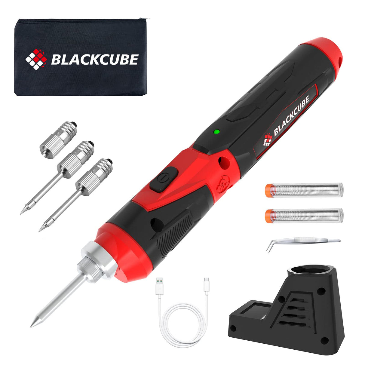 BLACKCUBE 4V Cordless Soldering Iron, Soldering Kit with 2000mAH Rapid Heat Lithium-Ion Battery and Solder Tips, LED Spotlight & Rechargeable Soldering Iron Kit, Professional Portable Welding Tool BLACKCUBE