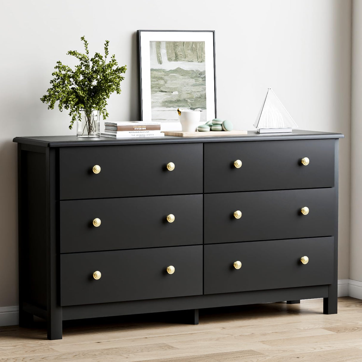 HOUROM Black Dresser, Modern 6 Drawer Double Dresser for Bedroom with Gold Knobs, Adults & Kids Wide Dressers & Chests of Drawers for Hallway, Entryway HOUROM