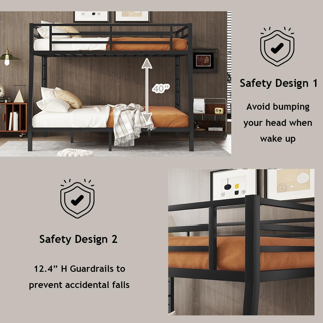 Bellemave Full XL Over Queen Bunk Bed for Adults, Full XL Over Queen Bunk Bed Frame with 2 Ladder and Full Length Guardrail, Easy Assemble, Mattress Not Included, Black Bellemave