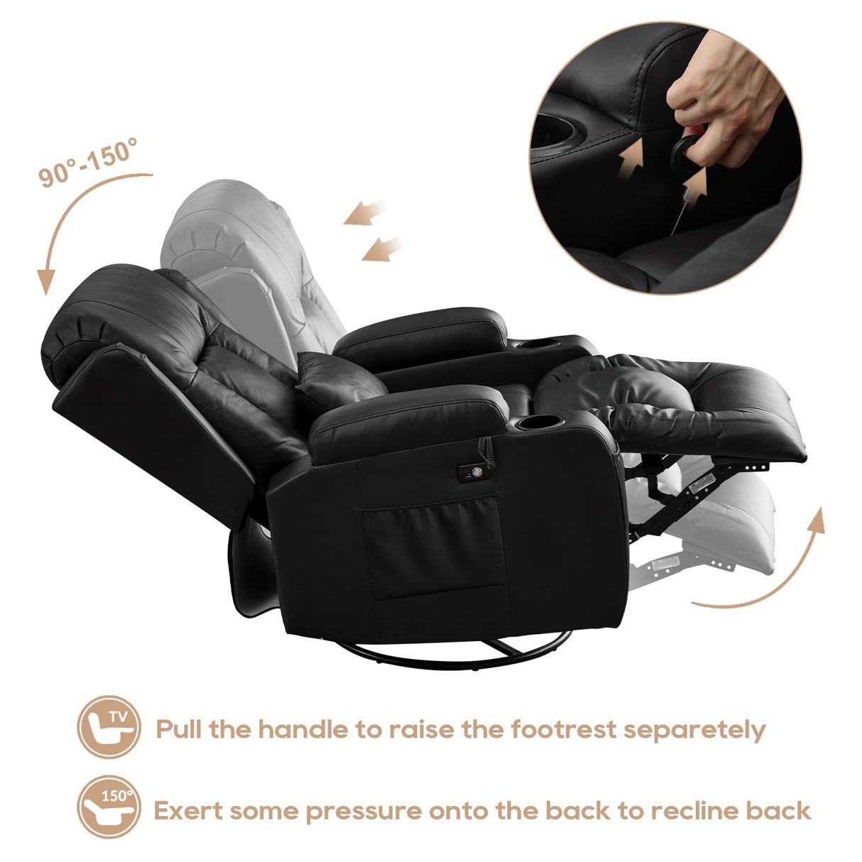 IPKIG Manual Swivel Rocker Recliner Chair with LED Lights, Side Pocket, Cup Holder, Dual-Use Pillow, Faux Leather Glider Rcking Chair Nursery for Living Room, Bedroom, Office, Black IPKIG
