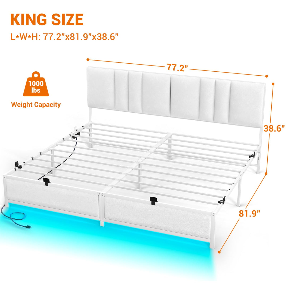 Cyclysio King Metal Bed Frame with Headboard, King Size Bed Frame with Charging Station and LED Lights, Height Adjustable PU Leather Headboard, Strong Metal Slats Support, No Box Spring Needed, White Cyclysio