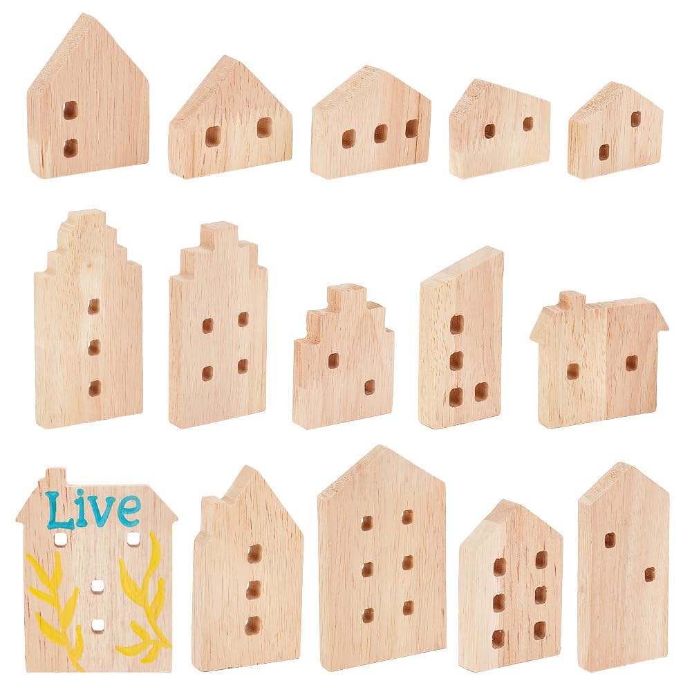 OLYCRAFT 15Pcs Unfinished Wooden House Shaped Blocks House Blank Wood Cutouts Wood Blocks with Hole Wooden Display Decoration Pieces for Home Kitchen Office Shelf Coffee Bar Decor -15 Styles OLYCRAFT