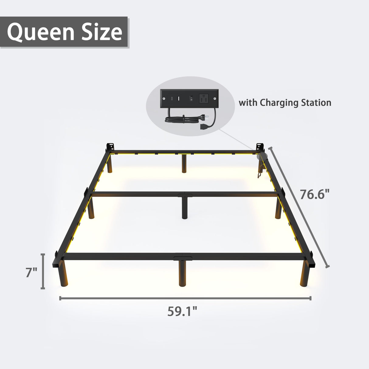 Bed Frame with Charging Station, Queen Bed Frame with LED Lights, 7 Inch High 9-Leg Support Sturdy Bed Base for Box Spring and Mattress, Easy Assembly, Black SHLAND