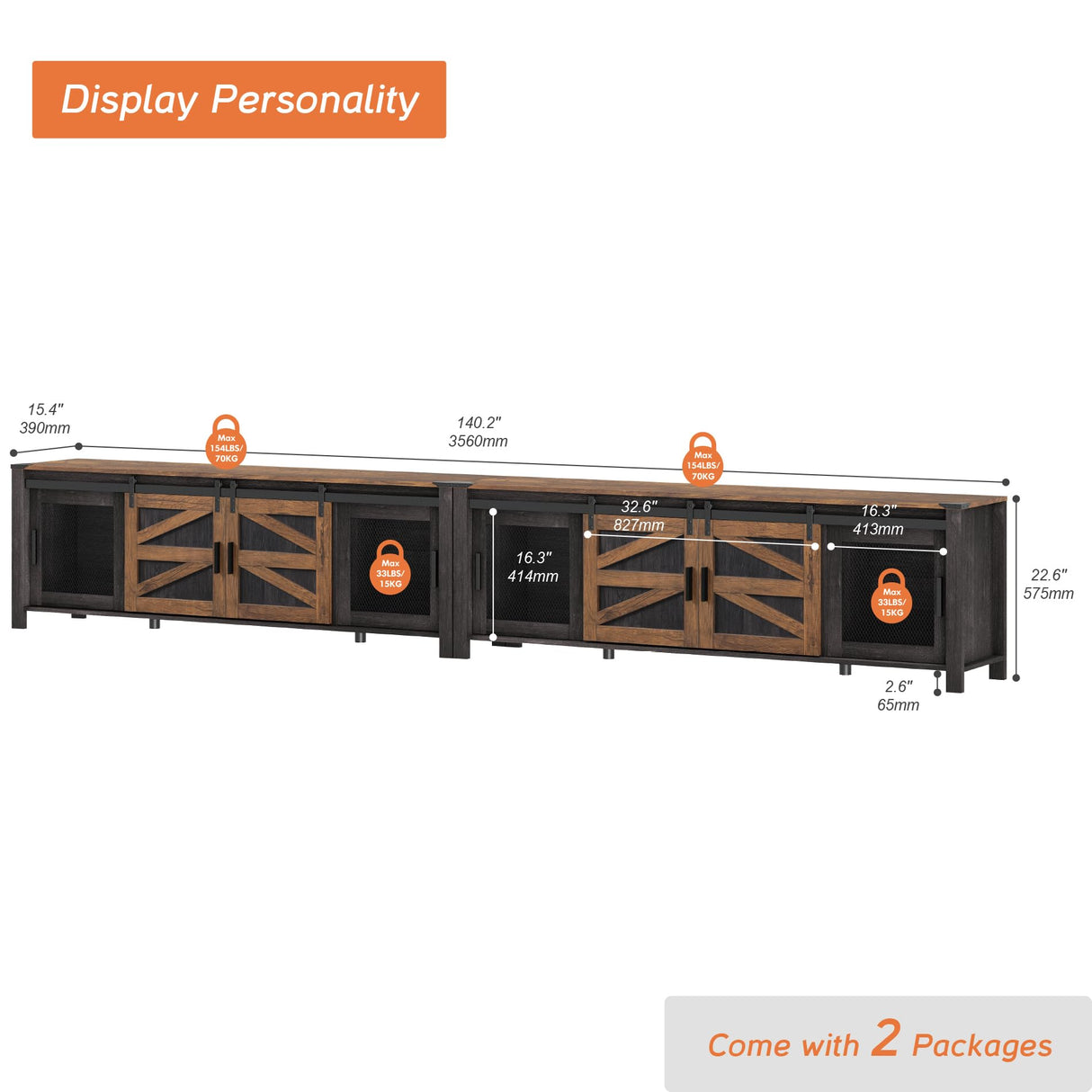 WAMPAT Farmhouse TV Stand for 100 Inch TV with Sliding Barn Door, Set of Two Modern Wood Entertainment Center with Storage Cabinets, Media Console Table for Living Room Bedroom,Dark Walnut and Black WAMPAT