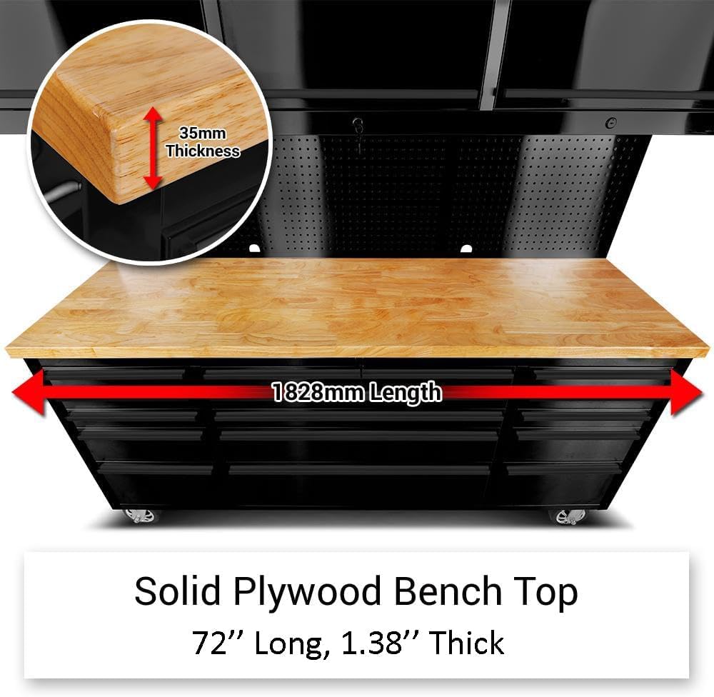 72'' Stainless Steel Rolling Tool Chest with 15 Drawers + 3 Upper Cabinets, Large Tool Box, Matte Black Mobile Workbench, Lockable Storage Cabinet with Wheels for Garage Workshop (1 × HTC7218PC) UYRIE