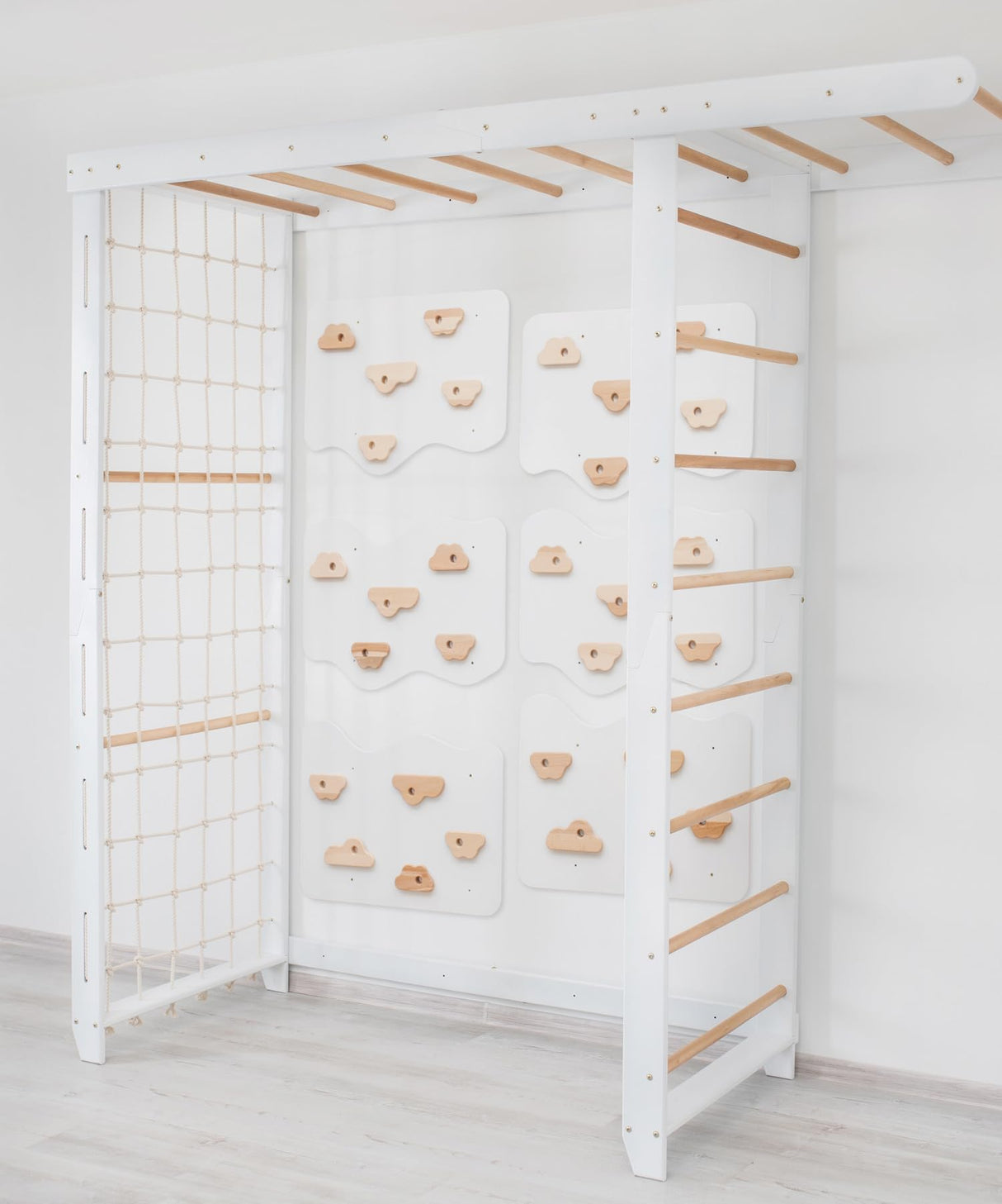 Woodandhearts Swedish Ladder Indoor Kids Gym, Montessori Play Gym Climbing Set, Wooden Indoor Playground for Toddlers with Accessories (with 6 Wall Panels, Big Bridge) Wood And Hearts