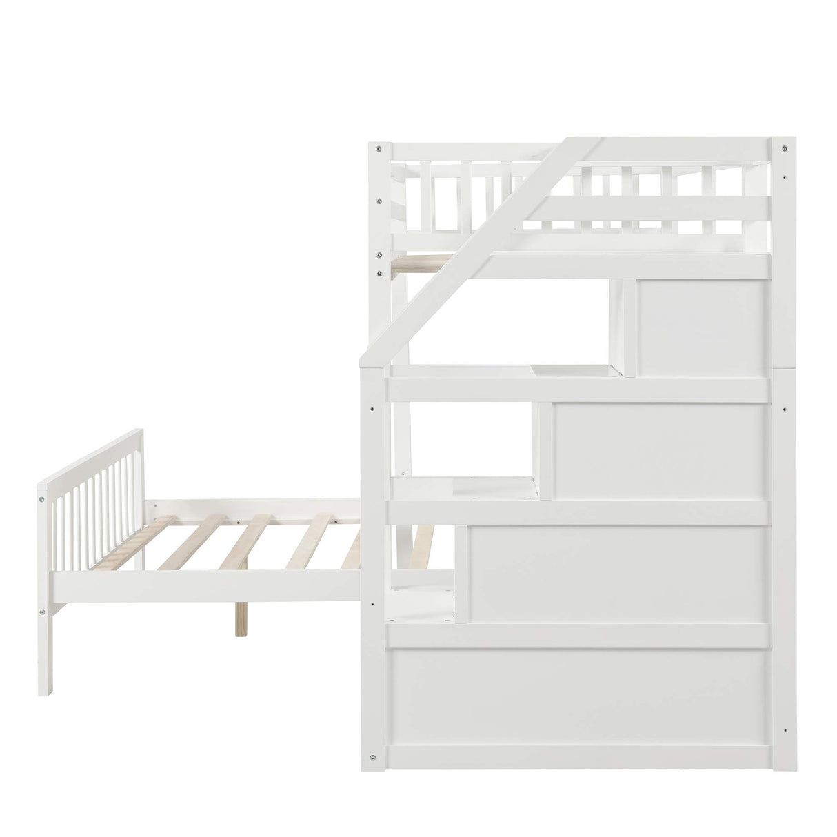 Twin Over Full Bunk Bed, L-Shaped Loft Bed Platform with 3 Storage Staircase, Durable Wood Bedroom Furniture with Safety Guardrail,Convertible Bunk Bed for Family Teens, No Box Spring Needed, White JYH