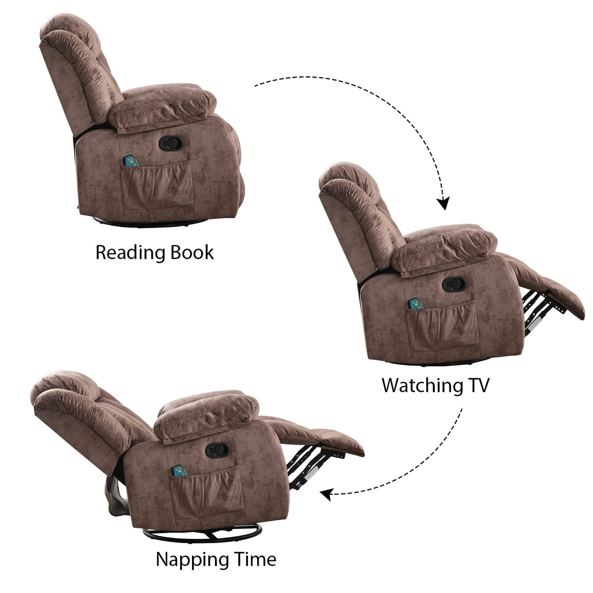 INZOY Rocker Recliner with Heat and Vibration, Manual Swivel Rocking Chair with Vibrating Massage, Comfy Padded Overstuffed Soft Fabric Heated Recliner (Brown) INZOY