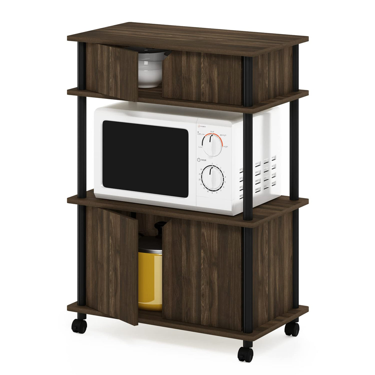 Furinno Turn-N-Tube Kitchen Storage Cart with Cabinet and Lockable Wheels, Columbia Walnut/Black Furinno
