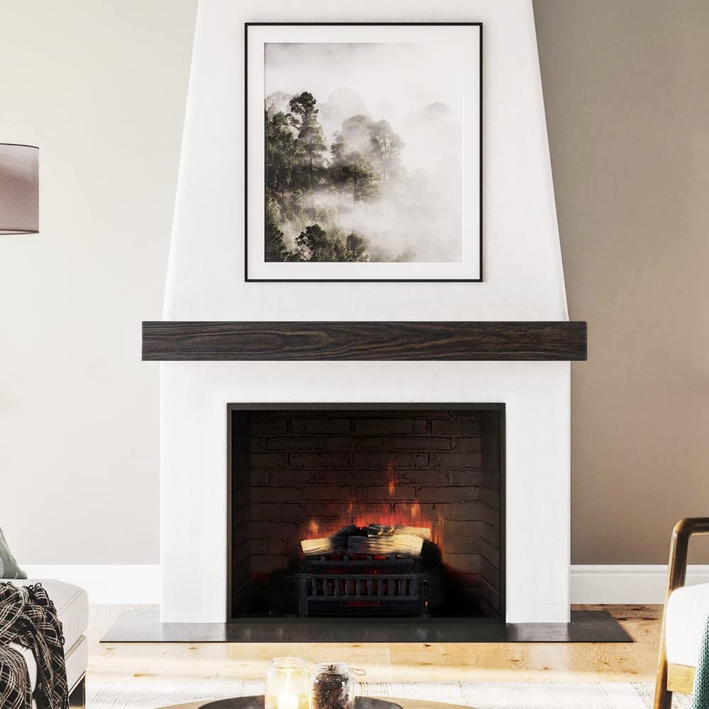 Modern Ember Modern Rustic 72 Inch Wood Mantel Shelf in Charcoal Black Stowe, Wall-Mounted Shelf with Dark Hand Brushed Sand Groove Pattern; for Fireplaces, Hearths & Décor Modern Ember