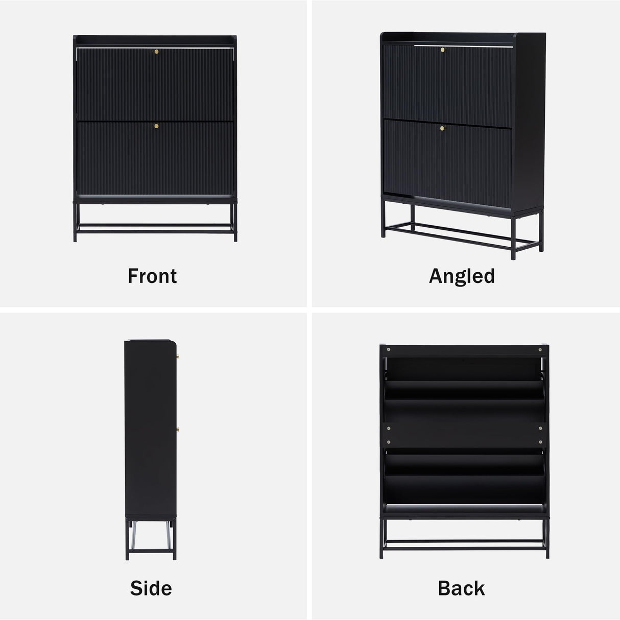 Fluted Shoe Cabinet with 2 Flip Drawers, Modern Slim Shoe Storage Organizer, Narrow Entryway Shoe Rack, Wooden Shoe Cabinet with Metal Legs for Heels, Boots, Slippers in Entrance, Black RARZOE