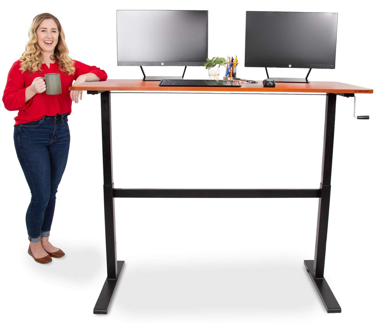 Stand Steady Tranzendesk | 55 Inch Standing Desk with Detachable Wheels | Crank Height Adjustable Sit to Stand Workstation | Modern Ergonomic Desk Supports 3 Monitors (Cherry) Stand Steady