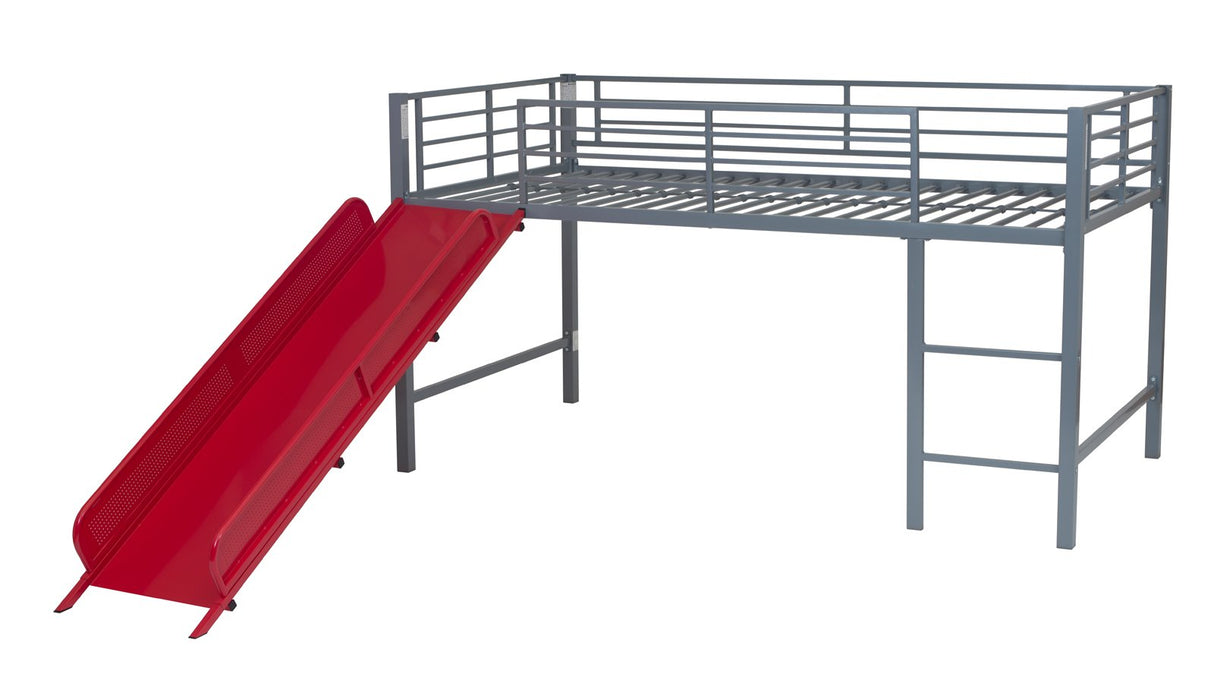 DHP Junior Twin Metal Loft Bed with Slide, Multifunctional Design, Silver with Red Slide DHP