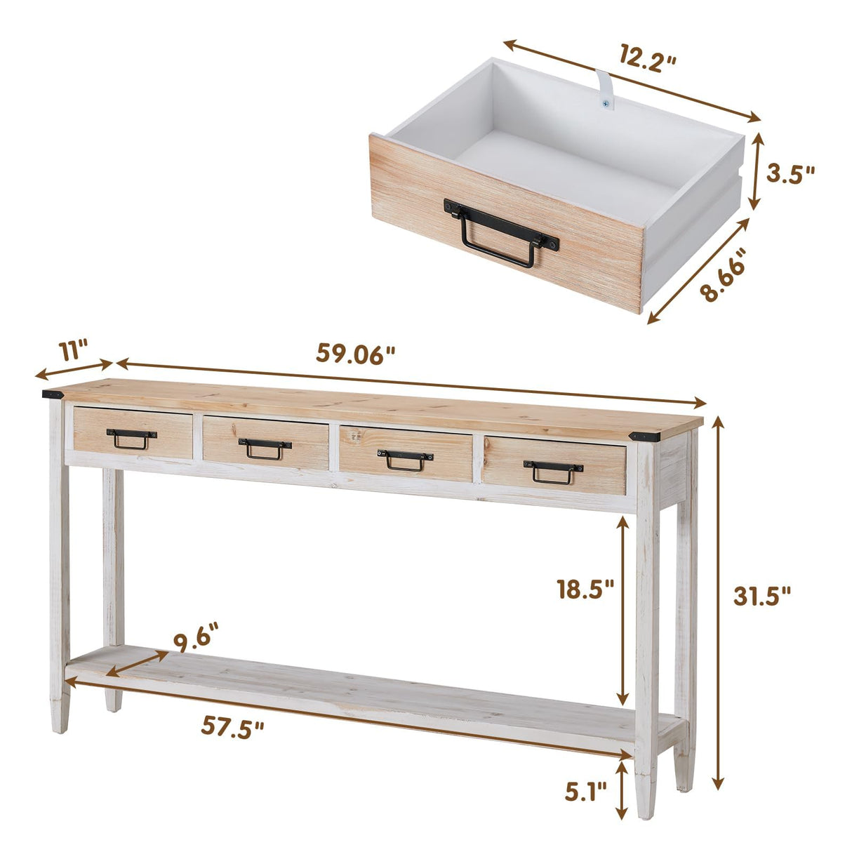 RUSTOWN Farmhouse Console Table with 4 Drawer, 60" Long Rustic Entryway Table with Open Storage Shelves and Handmade Metal Handle, Narrow Foyer Sofa Table for Living Room, Entryway, Hallway(White) RUSTOWN