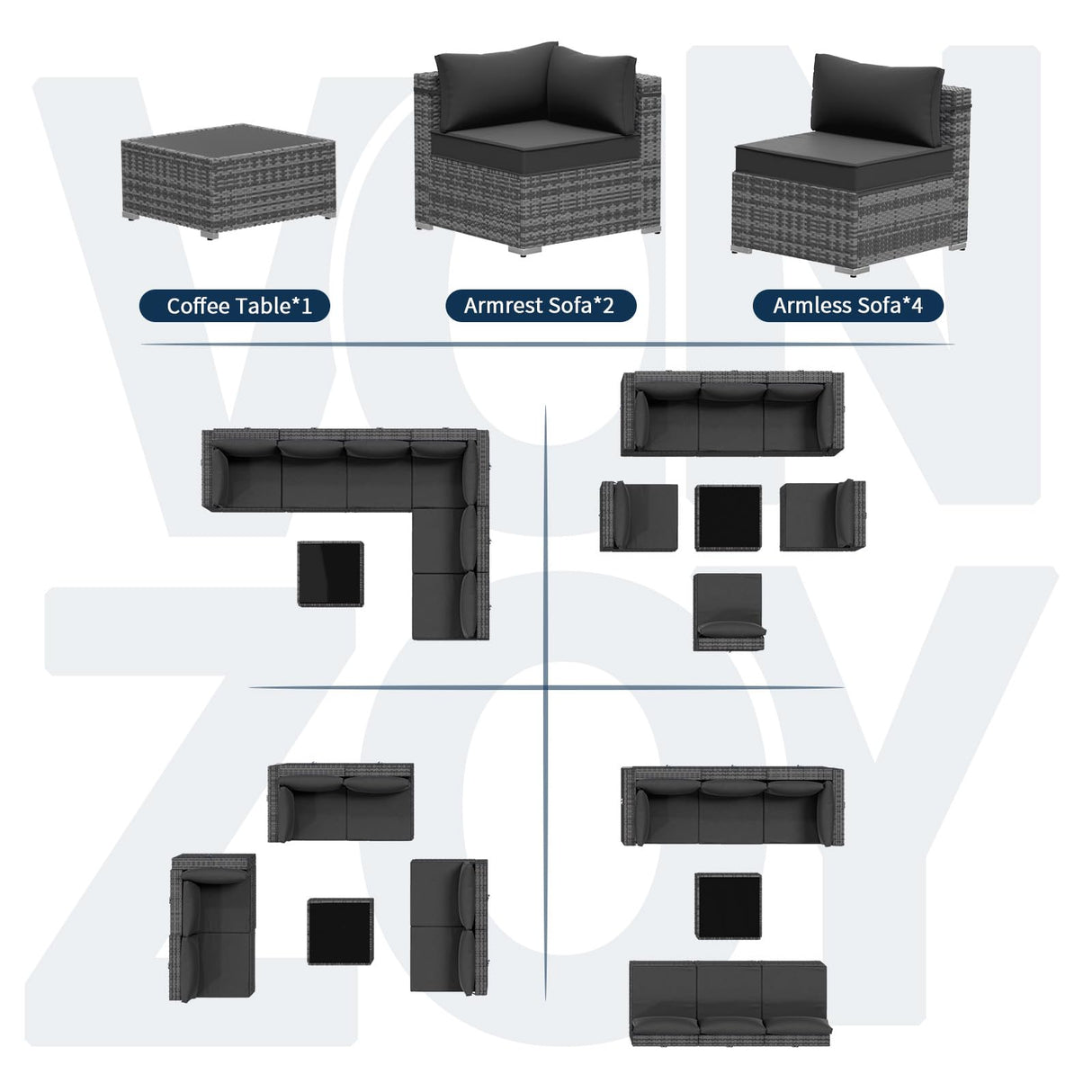 VONZOY Outdoor Patio Furniture Set 7 Pieces Sectional Rattan Sofa Set, PE Wicker Patio Conversation Set with 6 Seat Cushions and 1 Tempered Glass Table and Furniture Cover, Black VONZOY