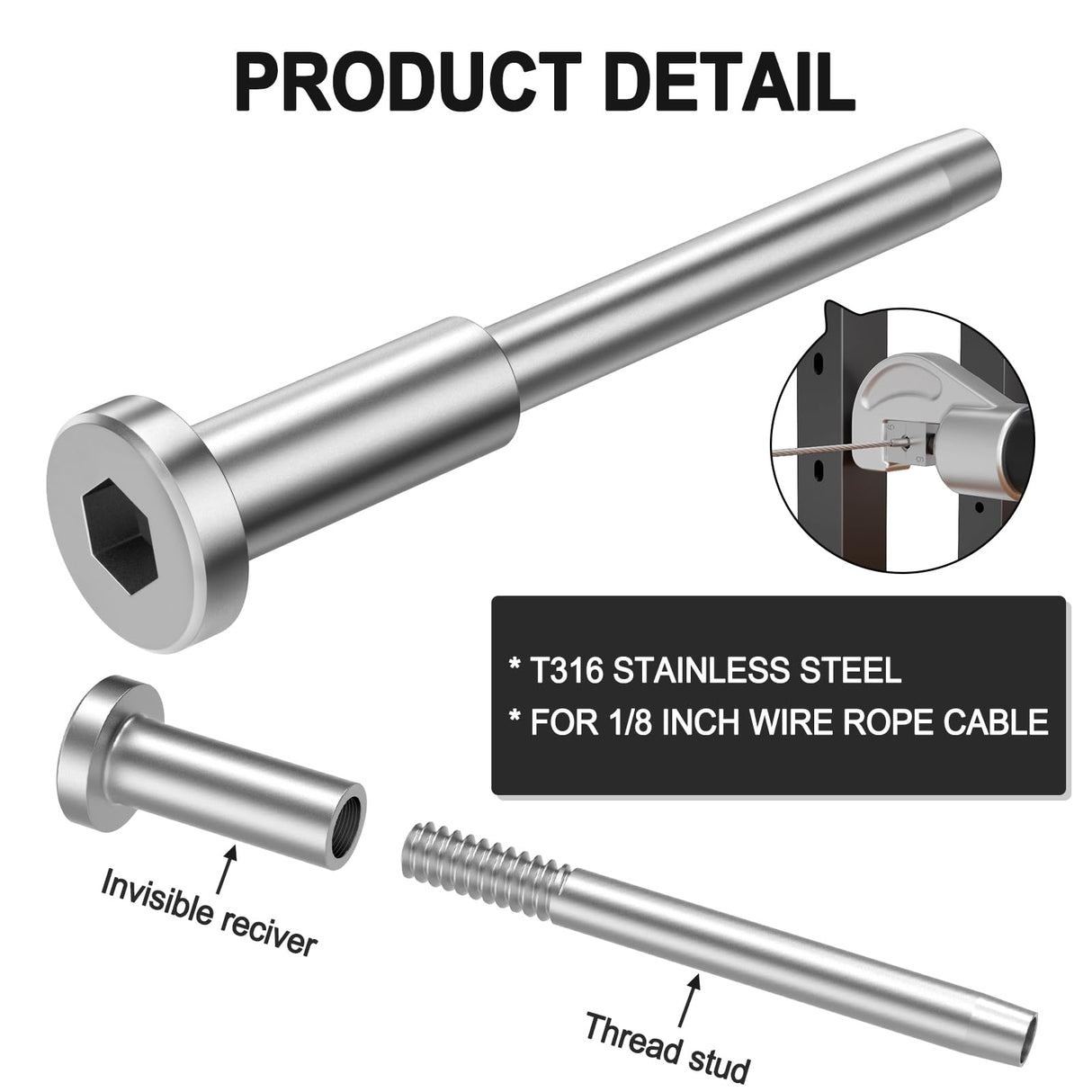 BLIKA 40 Pack Invisible Cable Railing Kit, T316 Stainless Steel 1/8" Invisible Receiver and Swage Stud End for Cable Railing, Swage Tensioner 1/8" for Wood/Metal Post, Cable Railing Hardware BLIKA