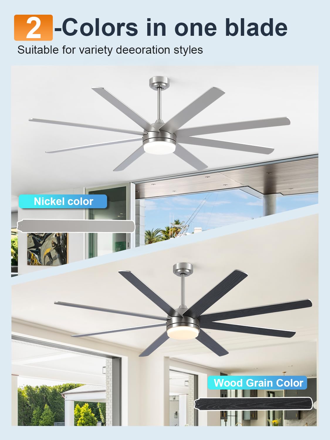 YUHAO 72 Inch Brushed Nickel Ceiling Fan with Light and Remote Control.Noiseless,Dimmable,3CCT,6 Speeds Reversible, DC Ceiling Fans for Indoor or Covered Outdoor YUHAO