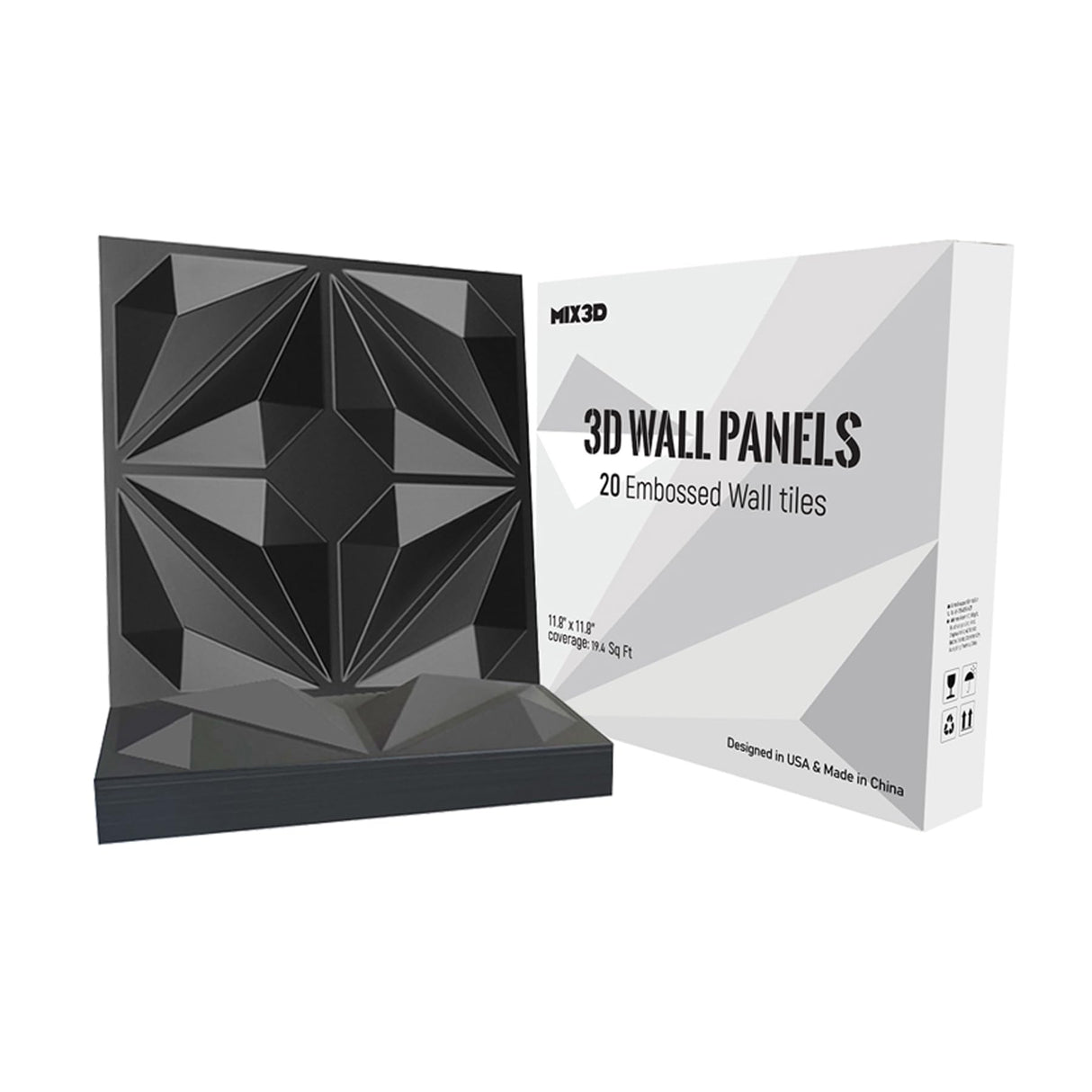 MIX3D 20 Pack Textured 3D Wall Panels for Interior Wall Decor, PVC Decorative Wall Panels for Living Room Bedroom Hotel Office, Black 12''x12'' Cover 19.4 Sq. Ft MIX3D