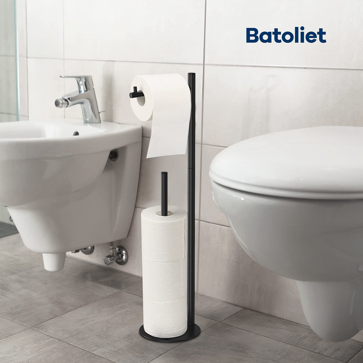 Toilet Paper Holder Stand, Bathroom Toilet Paper Roll Holder Stand with Reserve, Standing Toilet Paper Holder with Storage Batoliet