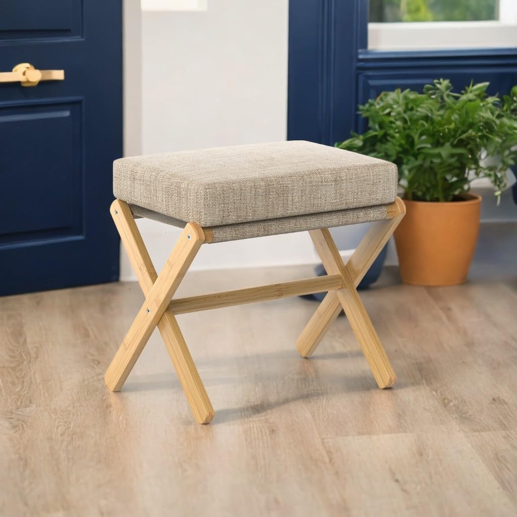 BAMBOOHOMIE Foldable Foot Stool Ottoman, Modern Foot Rest with Bamboo X Legs & Thick Foam Cushion, Folding Foot Stools Small Padded for Bedroom Living Room, Makeup Vanity Stool Chair (Natural - Brown) BAMBOOHOMIE