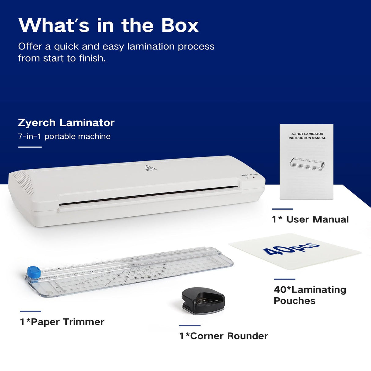 Laminator 13 Inch A3 Laminator Machine, 7 in 1 Desktop Thermal Laminator Never Jam with 40 Laminating Pouches, Paper Trimmer and Corner Rounder, Fast Warm-Up Home Office School Use, White Zyerch