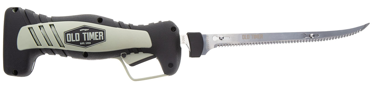 Old Timer Cordless Electric Fillet Knife with 8in Fully Serrated Stainless-Steel Blade, Trigger Lock, Rechargeable Battery, and Self Draining Case for Fishing, Meat Carving, Filleting, and Outdoors Old Timer