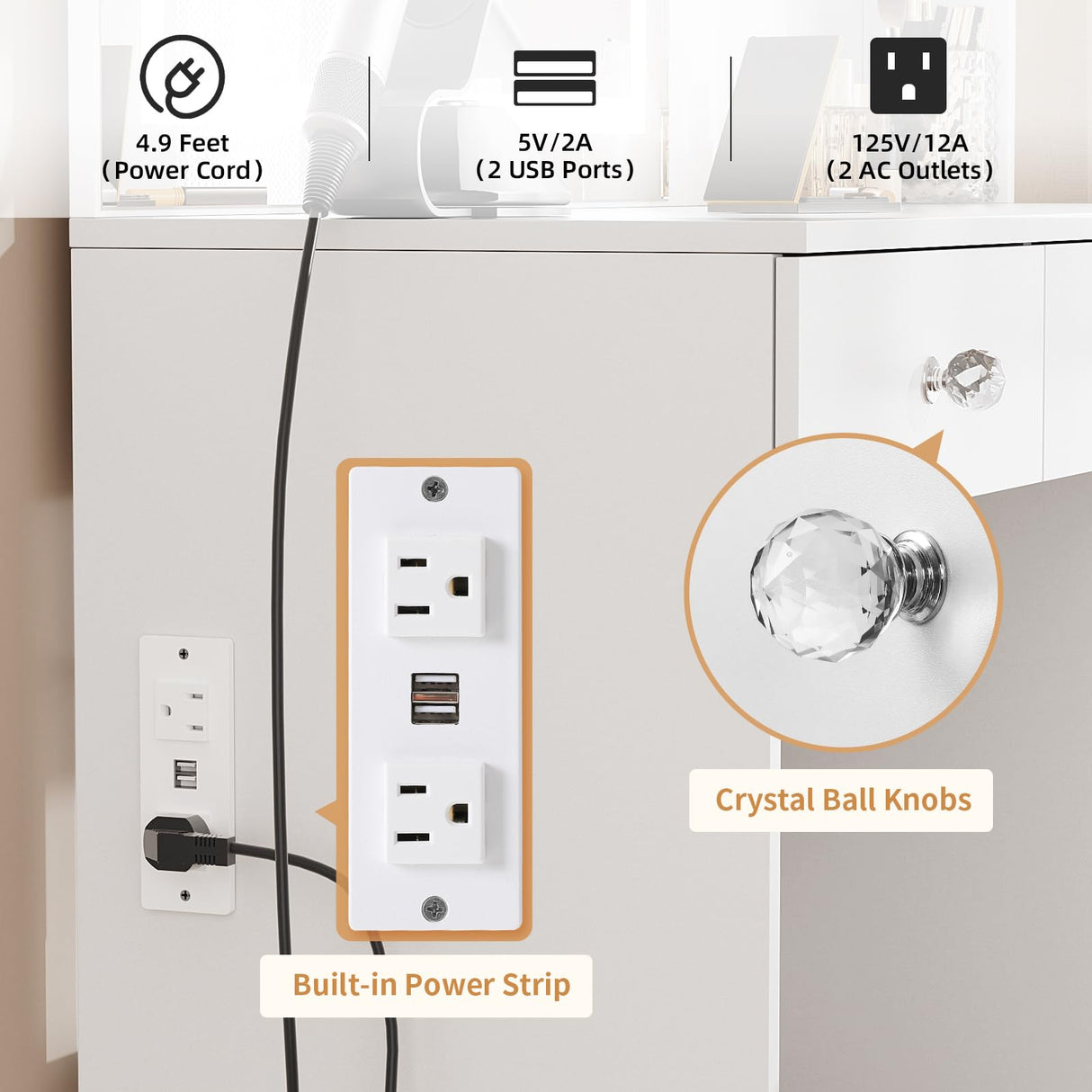 VOWNER Vanity with Lighted Mirror - 47" Makeup Vanity Desk with 7 Drawers, 3 Storage Shelves and Outlet, 3 Color Lighting Modes with Adjustable Brightness, Makeup Desk with Stool for Bedroom, White VOWNER