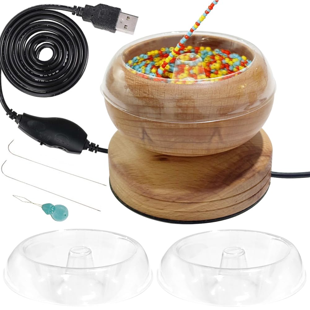 EHERDM Electric Bead Spinner Wood Beaded Bowl with 3 Trays and 2 Beading Needles Automatic Speed and Direction Adjustment Quick Beading Tools for Jewelry Making Kit EHERDM
