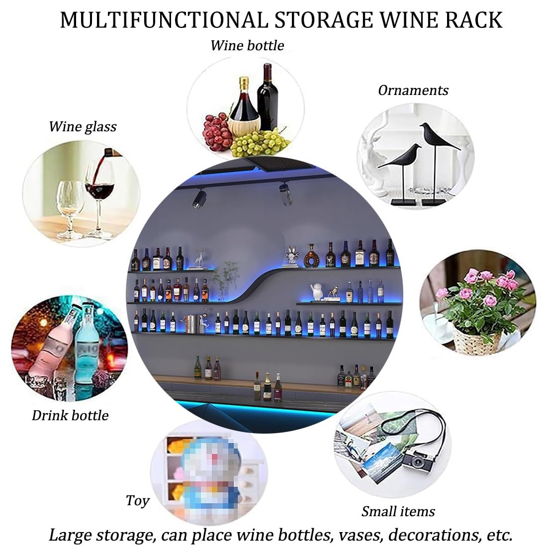 Modern Wall Mounted Wine Rack w/LED Light, Metal Wall Bar Shelves Storage Holder w/Glass Holder, Hanging Large Liquor Shelf for Liquor Bottles for Home Bar Dining Room(Yellow light,200CM/78.7IN) IRHIGBGX