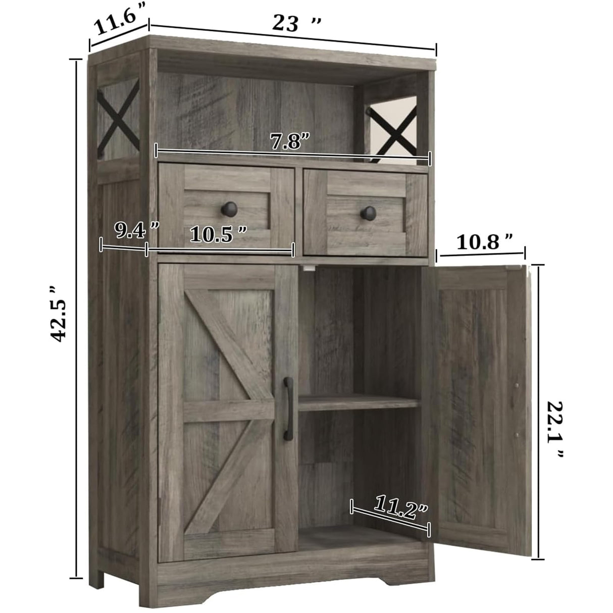 Farmhouse Storage Cabinet with Barn Doors and Open Shelf, Kitchen Pantry with Storage, Coffee Bar Station, Freestanding Cupboard Hutch Cabinet for Kitchen, Dinning Room, Livingroom, Grey FiveWillowise