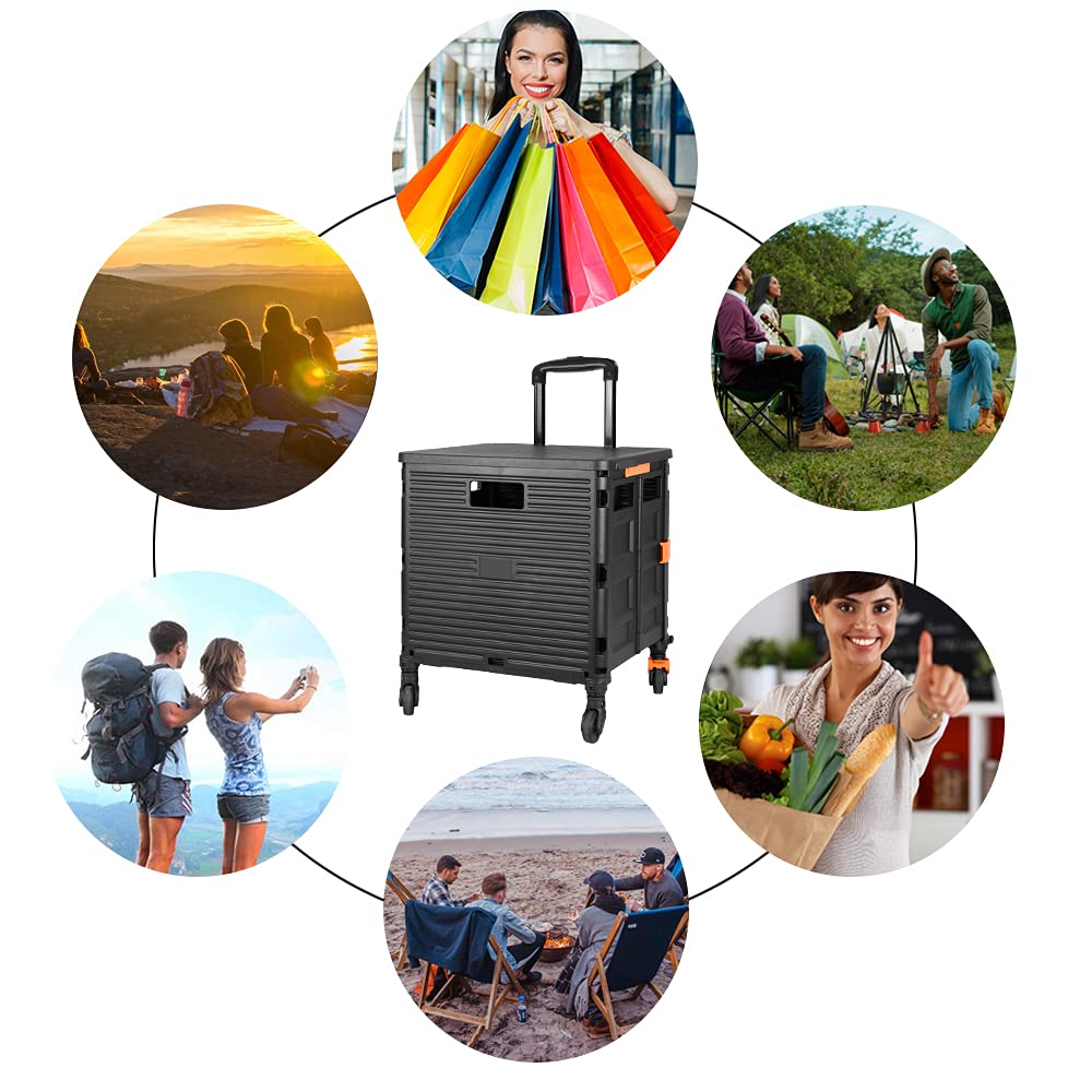 FELICON SELORSS Foldable Utility Cart Folding Portable Rolling Crate Handcart with Heavy Duty Telescoping Handle Collapsible 4 Rotate Wheels for Travel Shopping Move Luggage Office Use(Black+Black) FELICON