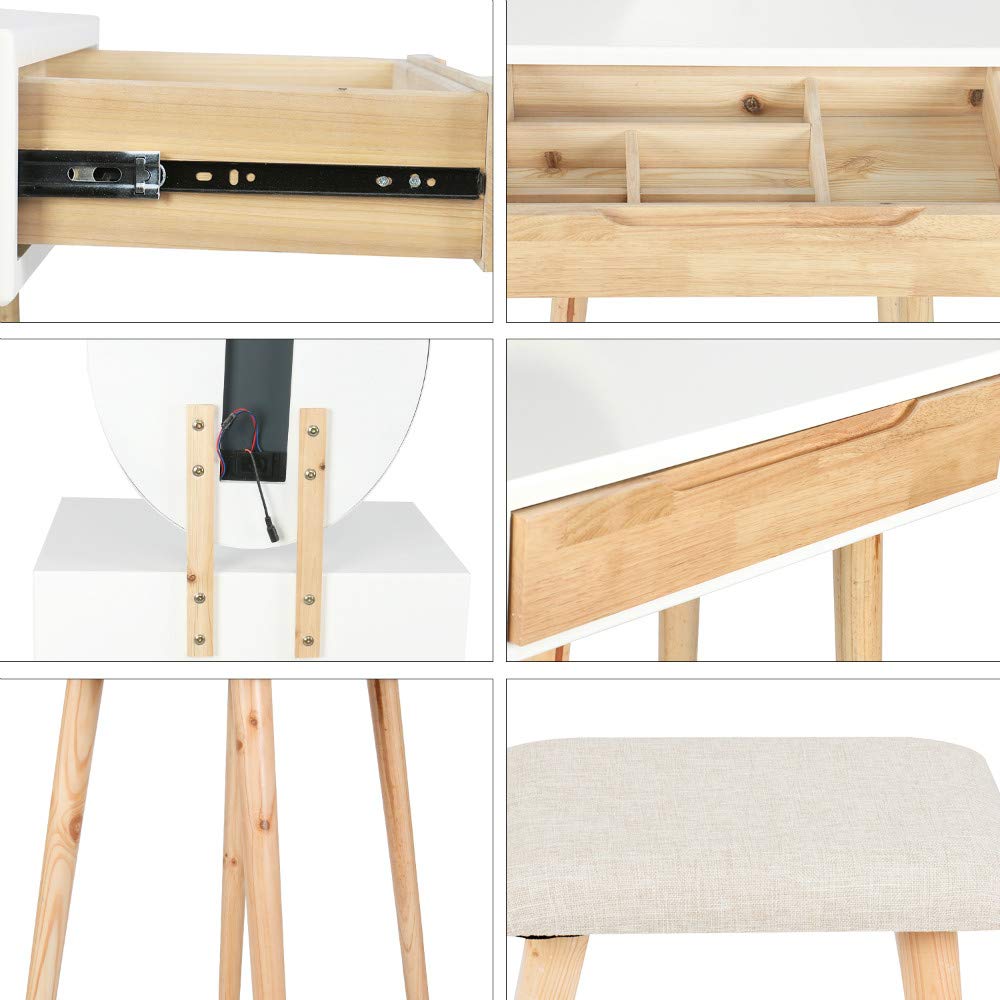 YOURLITE Makeup Vanity Table Set with 3 Modes Adjustable Lighted Mirror Cushioned Stool, Dressing Table for Small Space YOURLITE