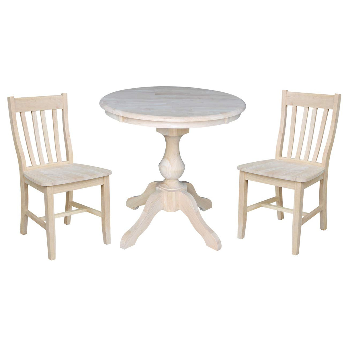 International Concepts 30" Round Top Pedestal Table - With 2 Cafe Chairs, Unfinished IC International Concepts