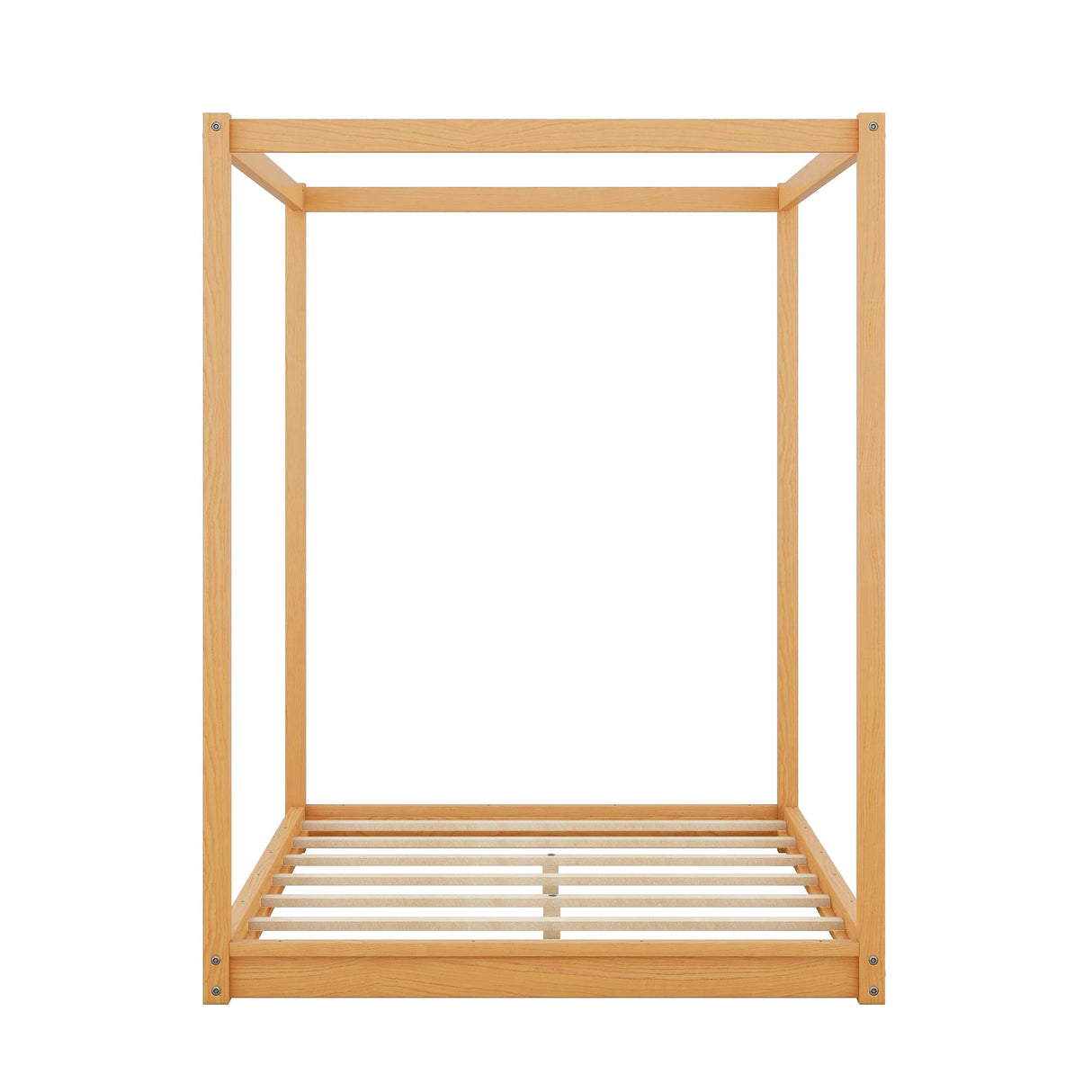 Modern Queen Size 4-Poster Canopy Bed Frame in Natural Wood Finish MWrouqfur