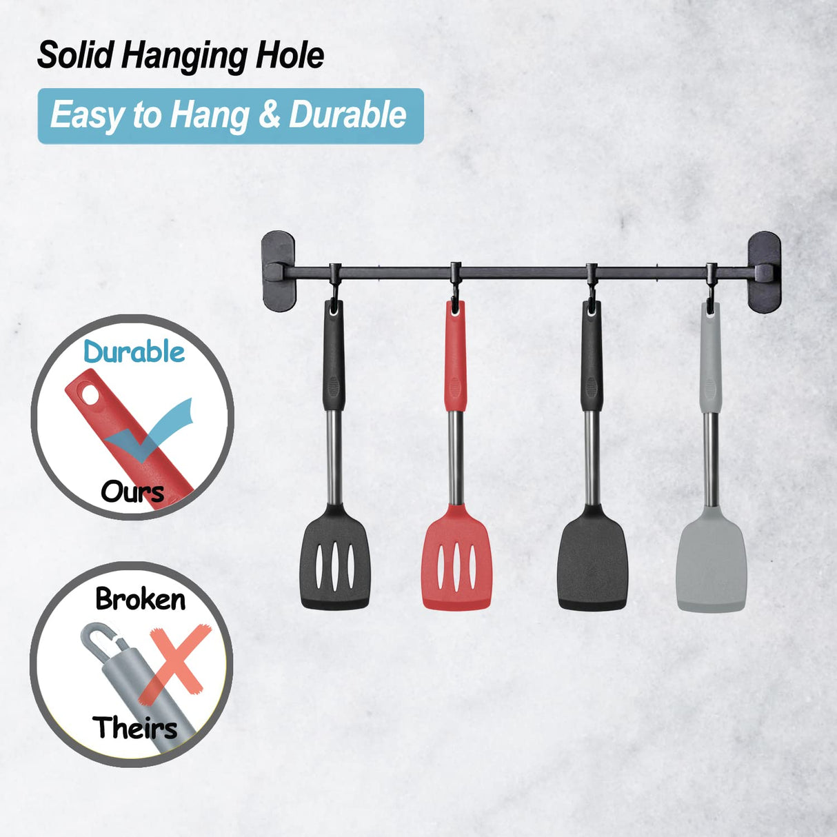 2 Pack Spatulas, Solid & Slotted Silicone Spatula Set, Stainless Steel Handle Coated with Silicone, Non Stick Turners, Heat Resistant Rubber Spatulas for Fish, Eggs, Pancakes, WOK, Black Vovoly