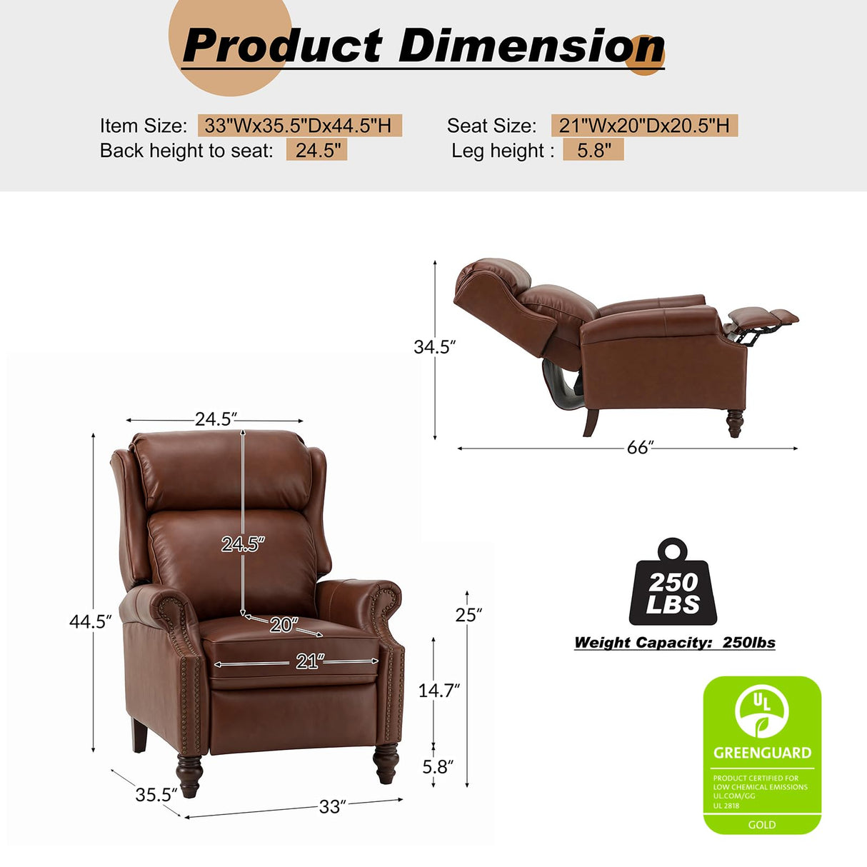 HULALA HOME Genuine Leather Recliner Chair, Traditional Manual Pushback Comfy Seating for Living Room, Thick Cushion & Solid Wood Legs, Wingback Recliner with Nailhead Trim, Brown HULALA HOME