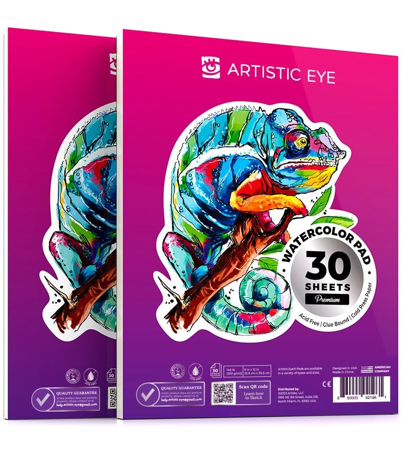 ARTISTIC EYE 9x12” Premium Watercolor Pads, Pack of 2 (60 Sheets), Glue Bound, 140lb (300gsm), Acid-Free Paper, Perfect for Most Wet & Dry Media, Ideal for Beginners, Artists & Professionals ARTISTIC EYE