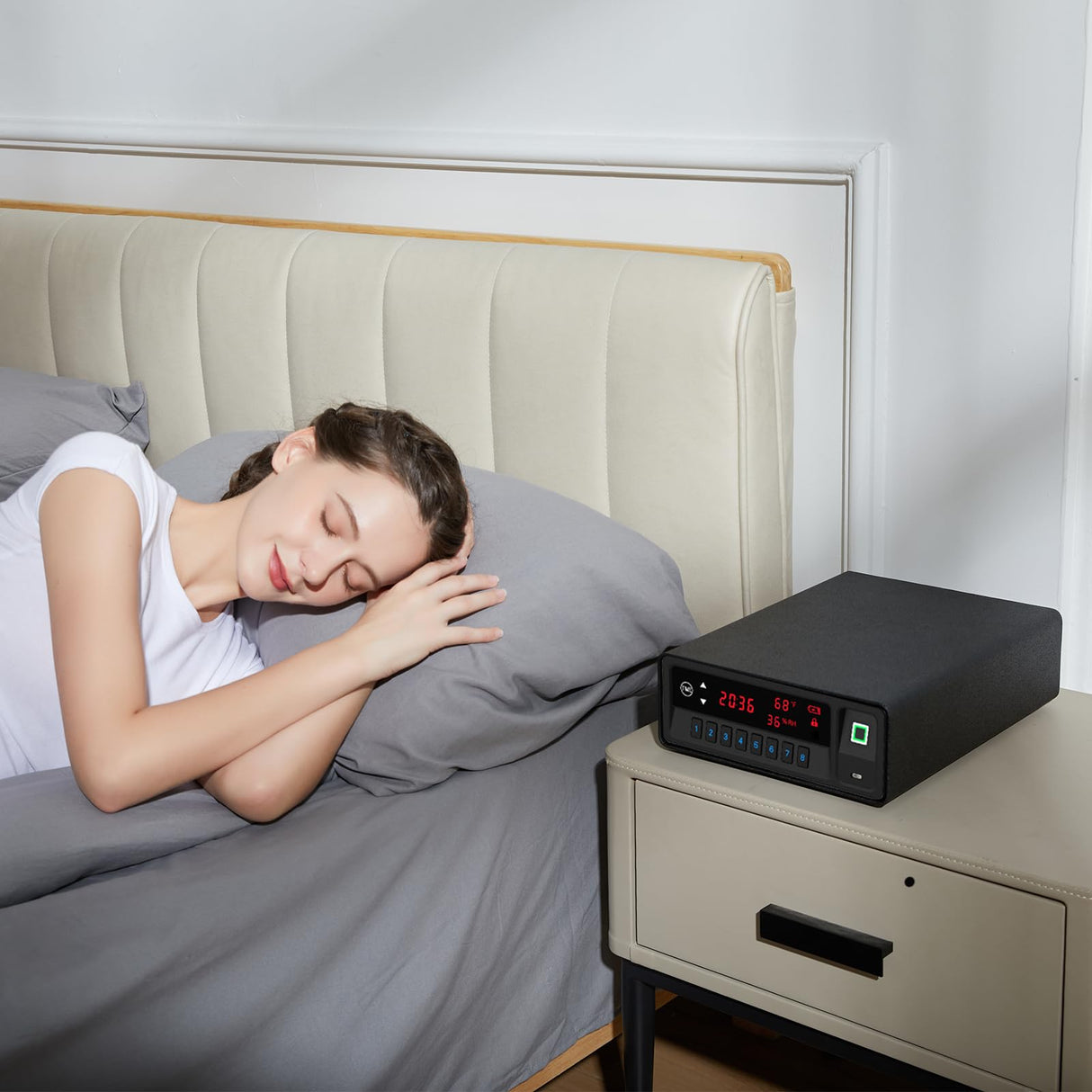 QINGENO Biometric Gun Safe,Clock Smart Safe Display with Temp,Humidity,Low Battery Warning,Drawer Gun Safe for Handgun - Nightstand Handgun Safe Pistol Safe (Black) QINGENO