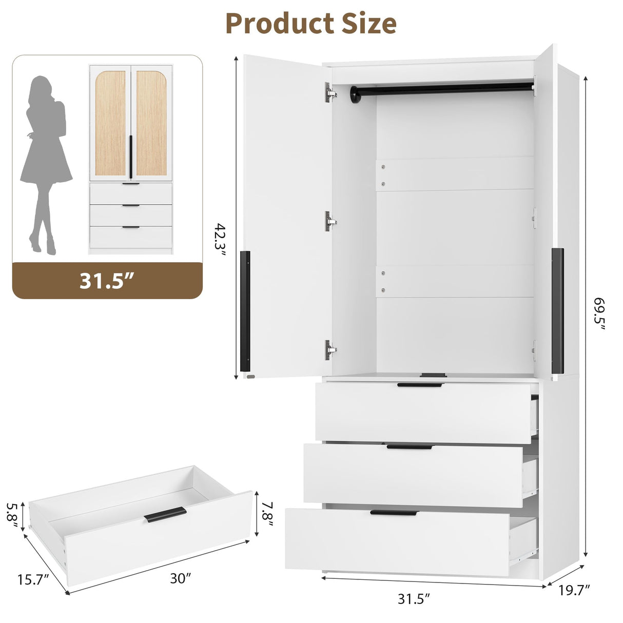 GarveeHome Armoire Wardrobe Closet, 69.5 in Wooden Wardrobe Cabinet with 3 Drawers, Hanging Rod, 2 Doors Clothing Storage Cabinet for Bedroom, Large Capacity Storage, Rattan Door, White GarveeHome