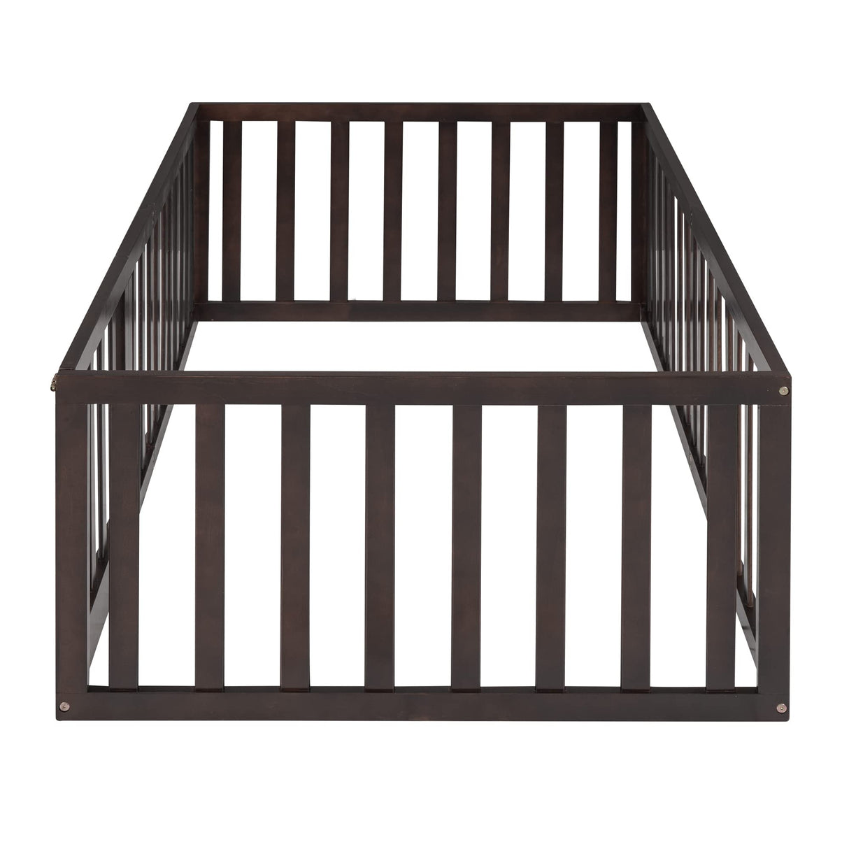 Harper & Bright Designs Twin Walnut Montessori Floor Bed with Fenced Design and Door for Kids Harper & Bright Designs