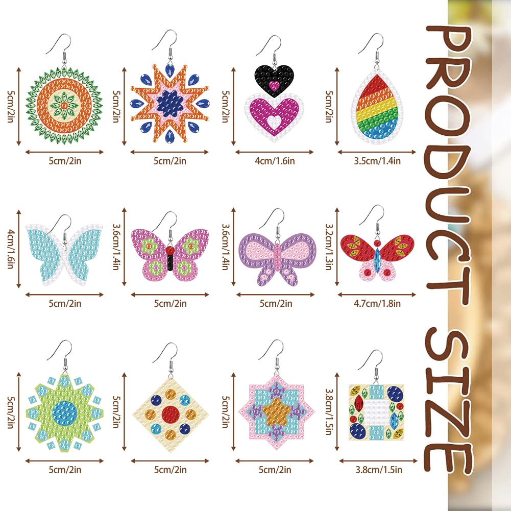 beinkmake 12 Pairs Butterfly Diamond Painted Earrings Mosaic Art Earring Making Kit 5D Boho Vintage Dangle Drop Earrings with Tool for DIY Craft Jewelry beinkmake