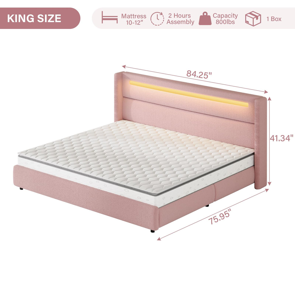 HOMBCK King Size Bed Frame with Headboard and LED Lights, Boucle Upholstered Platform Bed with Wingback Design, Modern Soft Bed Frame, No Box Spring Needed, Easy Assembly, Pink HOMBCK