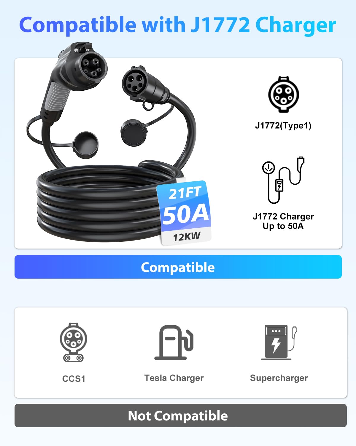 EVDANCE EV Charger Extension Cable, J1772 Extension Cable 50A 21FT Charging Cord for Electric Vehicle 110V-240V Compatible for All SAE J1772 Chargers (50A - 21FT) EVDANCE