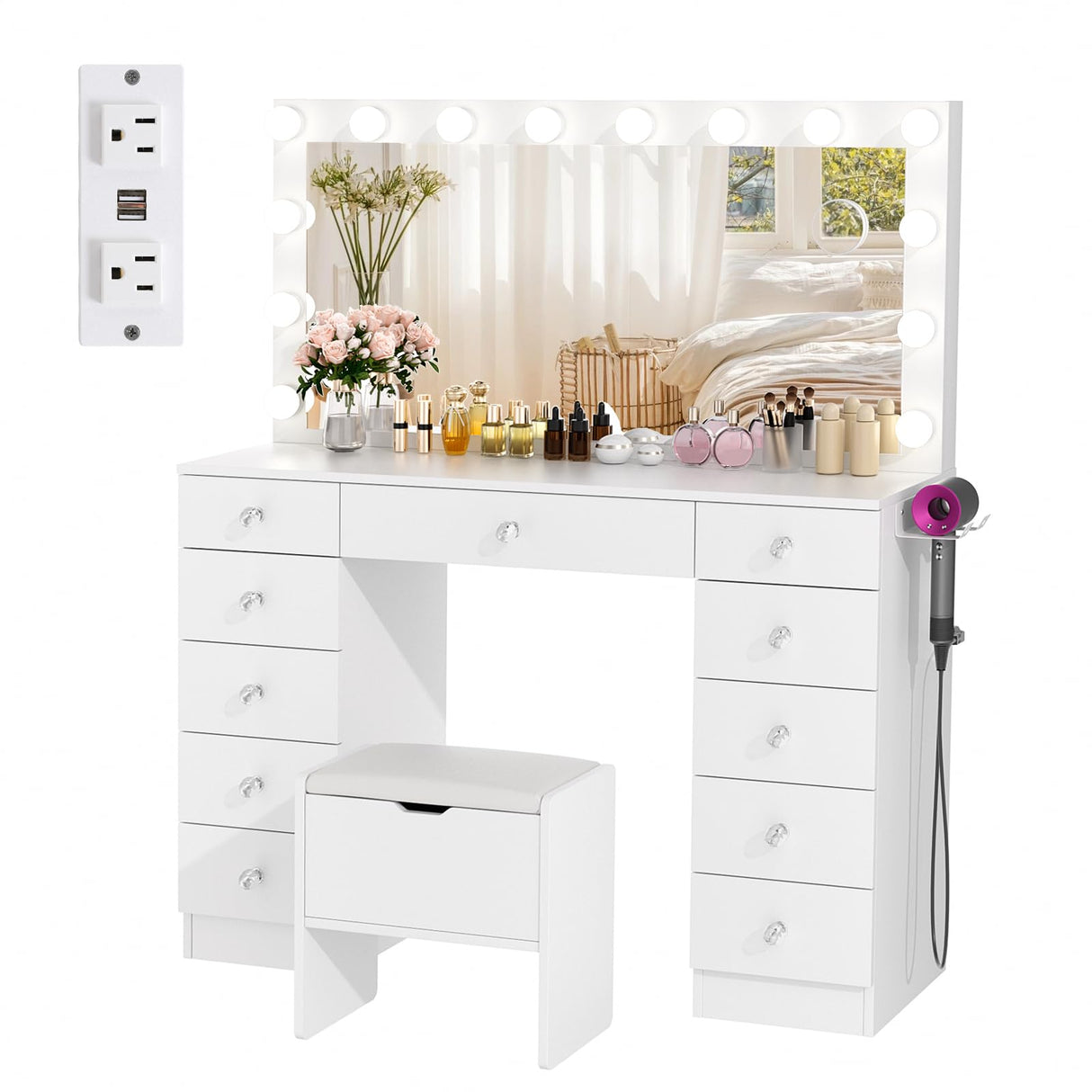 VOWNER Vanity with Lighted Mirror - Makeup Vanity Desk with 11 Drawers and Outlet, 3 Color Lighting Modes Adjustable Brightness, 46" Vanity Table with Soft Cushioned Stool for Bedroom, White VOWNER
