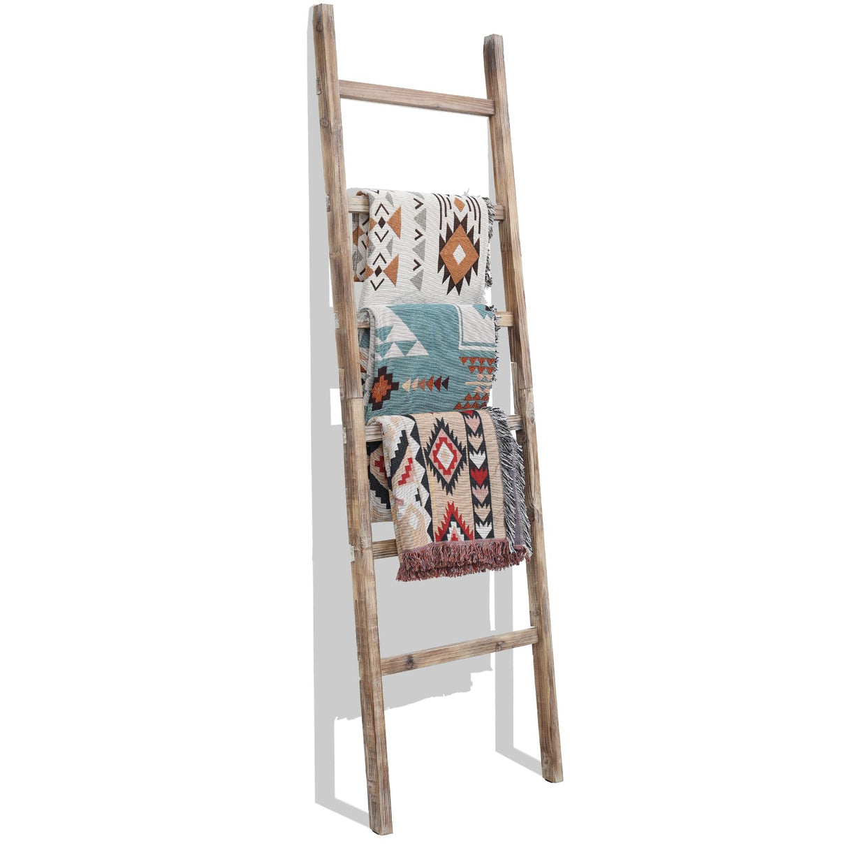 FUIN 6.4ft Extra Wide Wooden Blanket Ladder Living Room Decorative Wal Leaning Farmhouse Quilt Display Holder Rustic Wood Towel Rack for Bathroom, Burnt Brown, 24 inch Wide FUIN