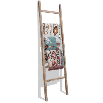 FUIN 6.4ft Extra Wide Wooden Blanket Ladder Living Room Decorative Wal Leaning Farmhouse Quilt Display Holder Rustic Wood Towel Rack for Bathroom, Burnt Brown, 24 inch Wide