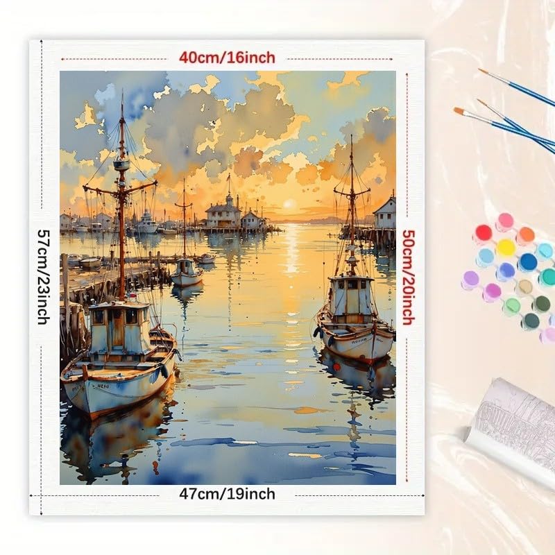 Landscape Paint by Numbers Kit for Adults - DIY Fishing Boats at Dock Sunset Scene Painting on Canvas 16x20 Inches, Acrylic Paint Set, Suitable for Beginners, Art for Home Decoration or Gifts DecorFriday