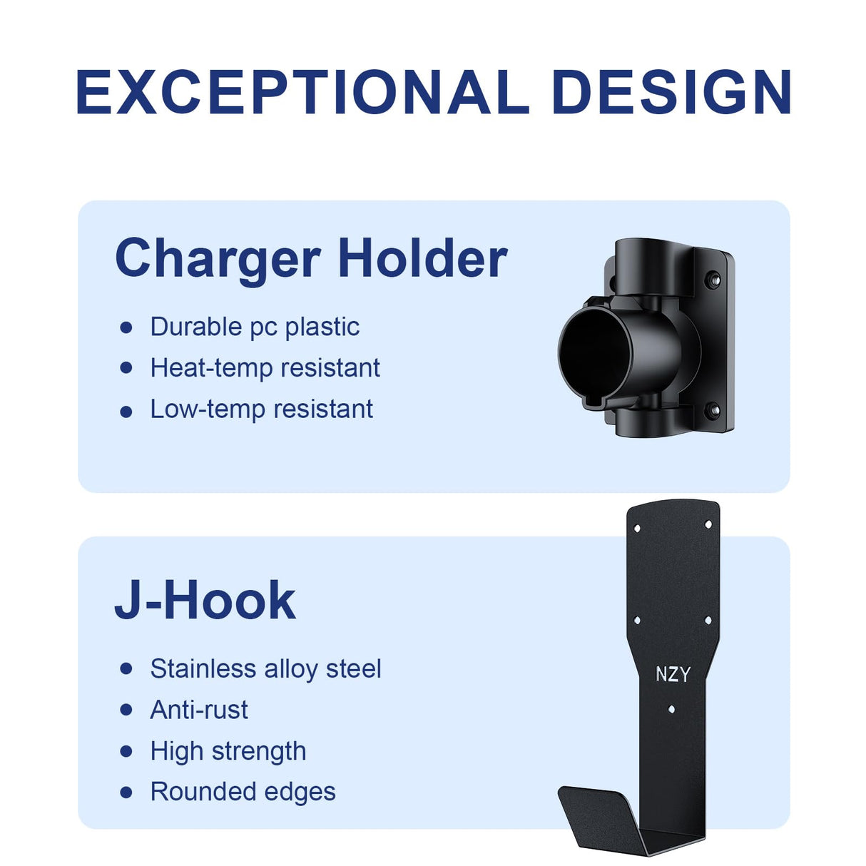 EV Charger Holder Wall Mount Kit, 180° Rotation EV Charger Nozzle Holster Dock for SAE J1772 Connector, Outdoor/Indoor, J-Hook EV Charger Cable Organizer for Electric Vehicles NZY